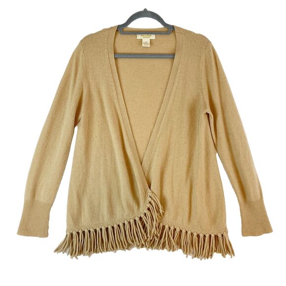 Peck & Peck Cashmere Cardigan Sweater Women's Medium Beige Open Front Fringe - Picture 1 of 4